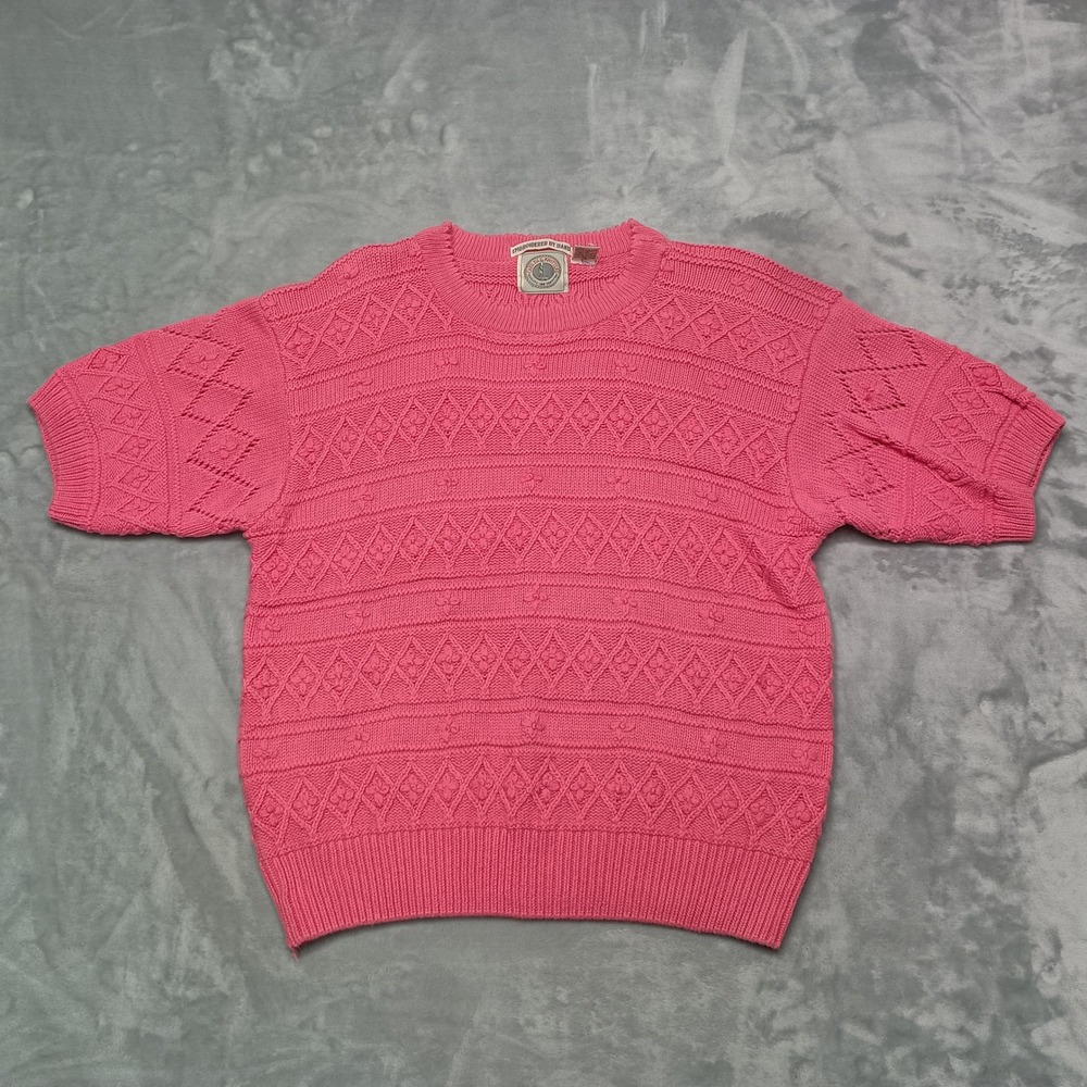 VTG Cape Isle Knitters Sweater Womens L Pink Short Sleeve Cable Knit Preppy Boho